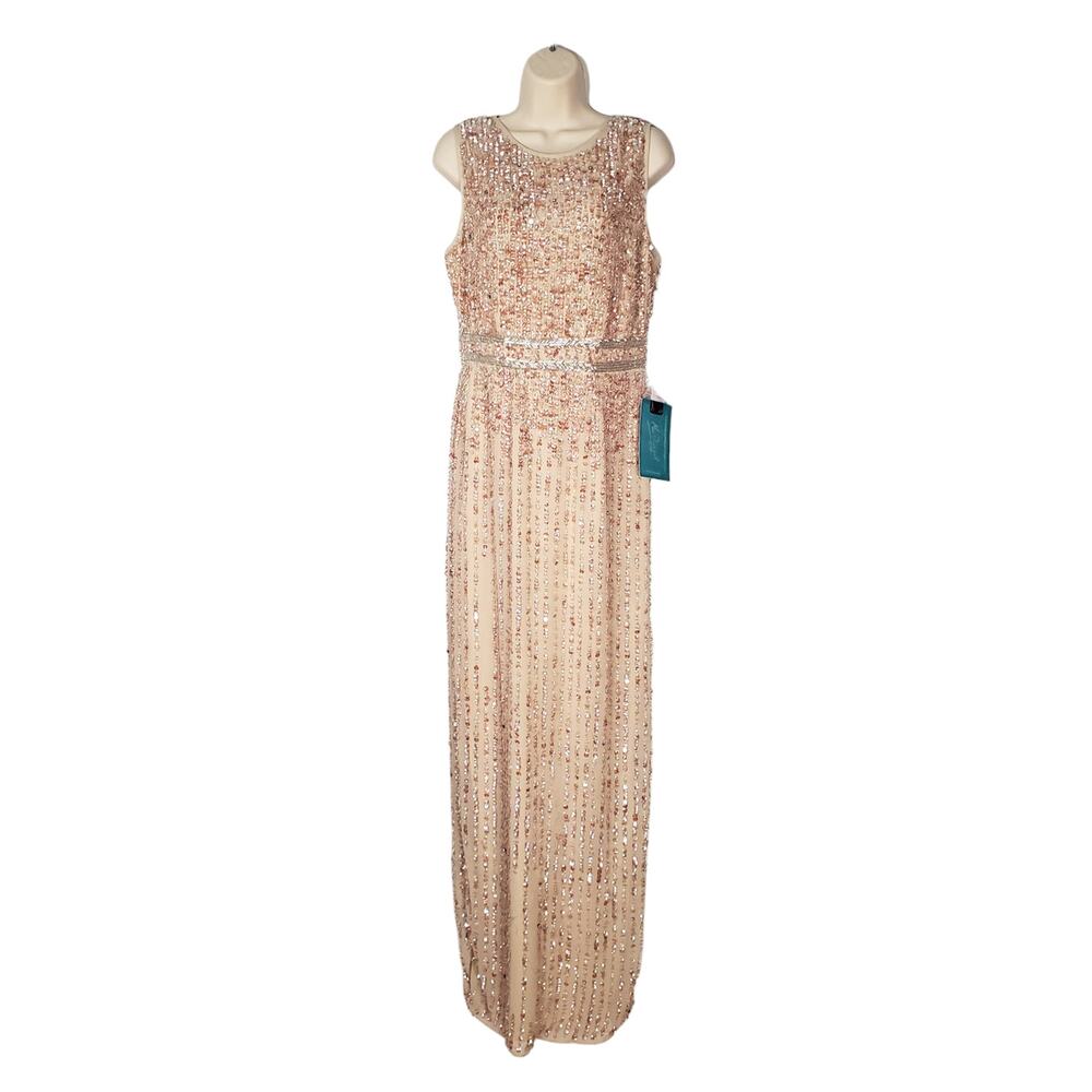 Mac Duggal Sequined High Neck Sleeveless Column Gown Dress Beige FLAWED Size 6